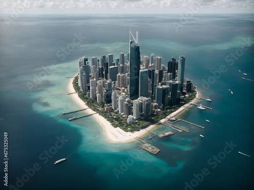 skyscrappers on an island in the middle of ocean photo