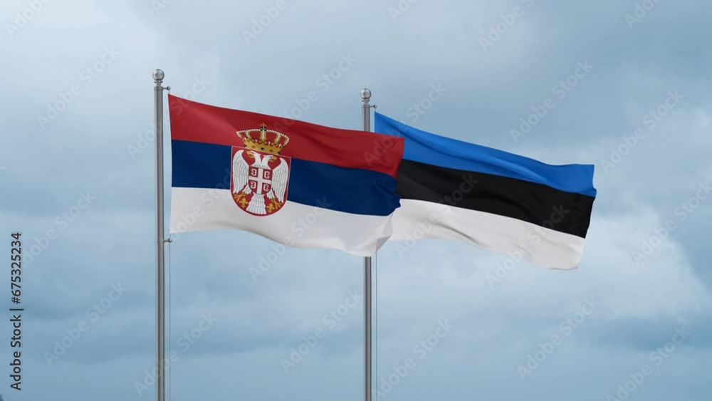 Estonia flag and Serbia flag waving together on cloudy sky, endless seamless loop, two country relations concept Estonia flag and Serbia flag waving together on cloudy sky, endless seamless loop, two country relations concept