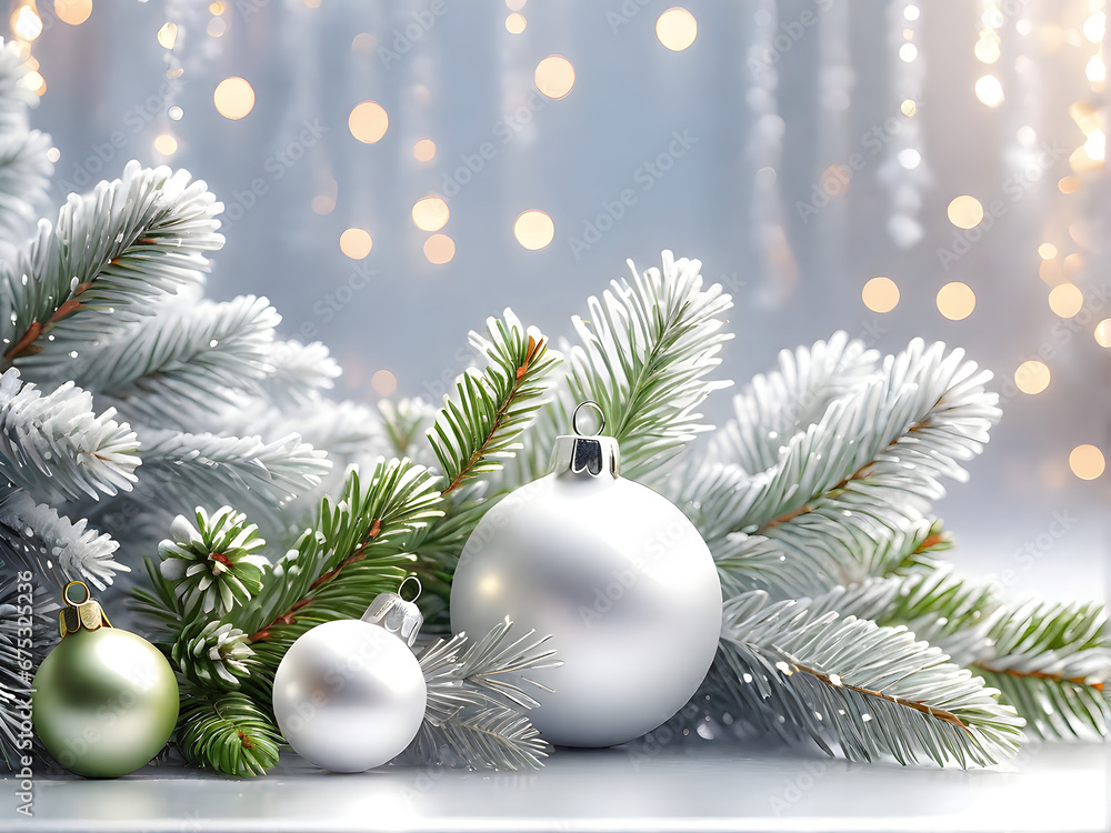 Rama de abeto verde navideño decorada con bolas de Navidad de diferentes colores y tamaños. Decoración navideña en verde y blanco con luces borrosas de fondo. Creada con IA.