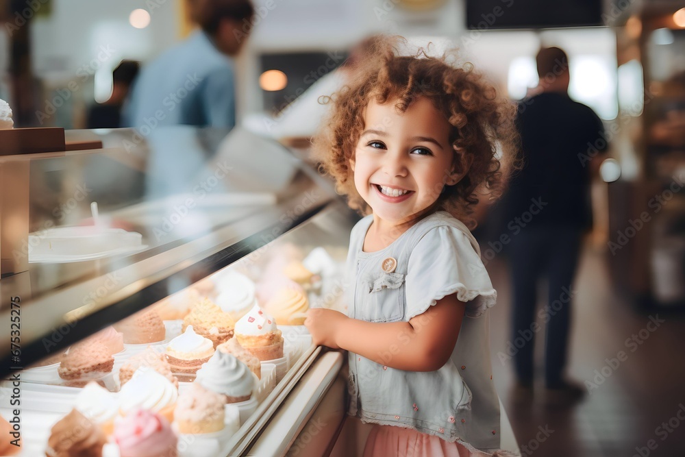 child girl buys ice cream at the cafe