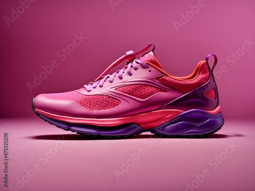 modern pink running shoe, distinctive, purple sole, contrasting, pink background
