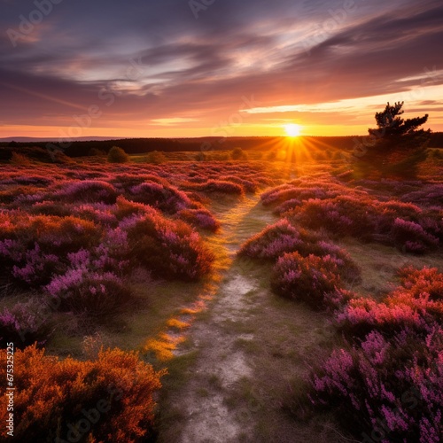 A fiery sunset over a peaceful heath, heather and gorse bushes casting long shadows across the undulating land. photo