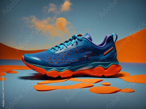 a modern blue running shoe with a distinctive orange sole