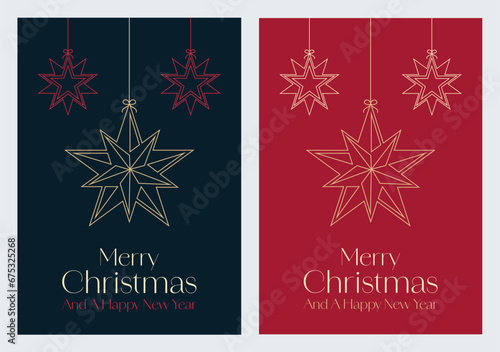 Merry Christmas and Happy New Year Set of greeting cards  holiday cover  invitation template. Modern Christmas star decoration design with typography. Minimalist vector templates for Christmas cards.