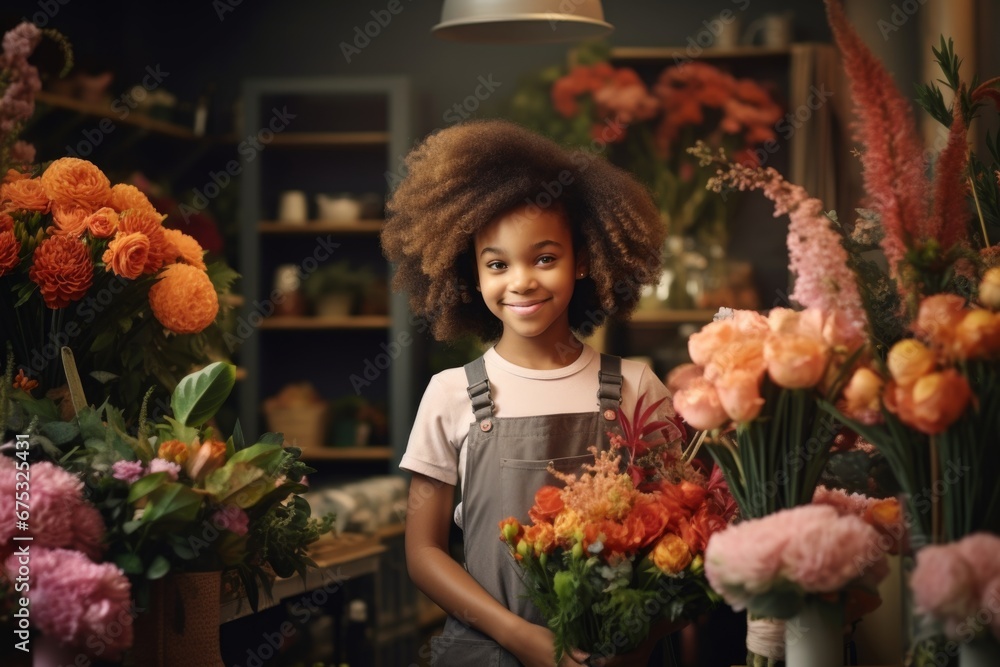 happy african american girl florist in flower shop