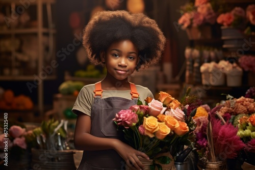 happy african american girl florist in flower shop