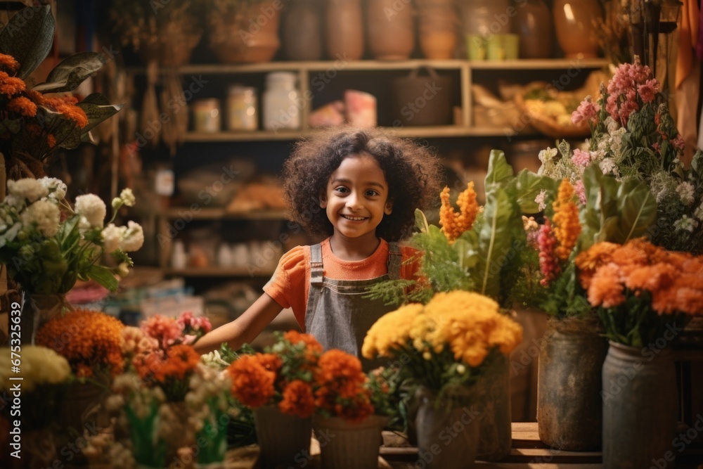 happy indian girl florist in flower shop