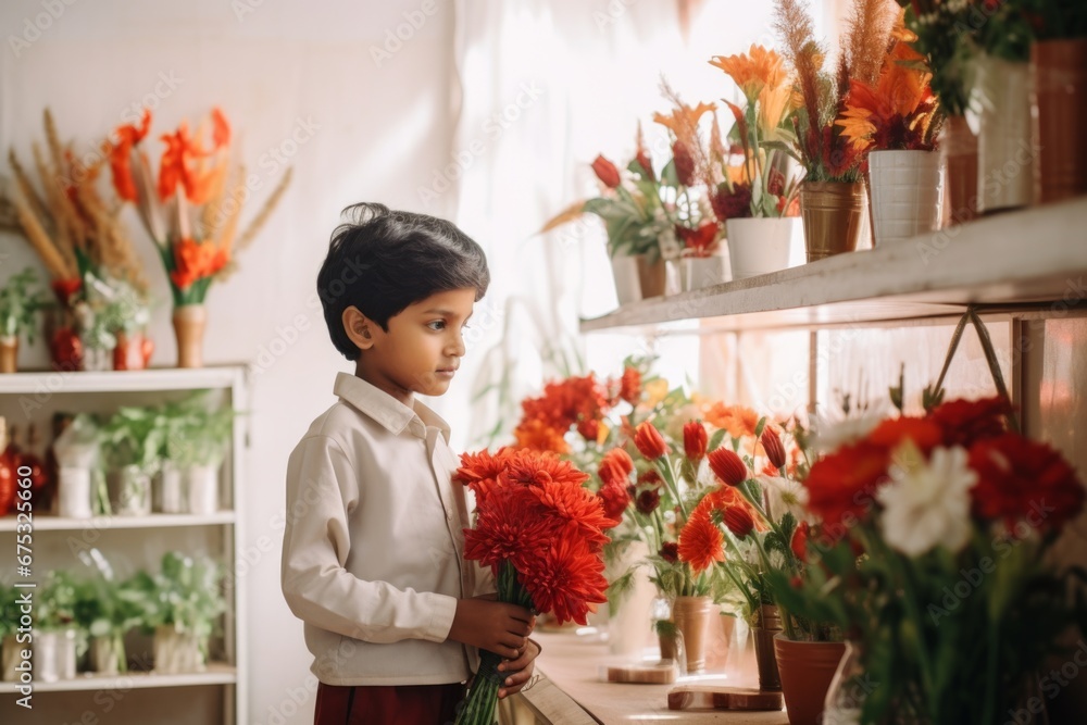 happy indian boy florist in flower shop