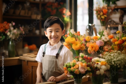 happy asian boy florist in flower shop