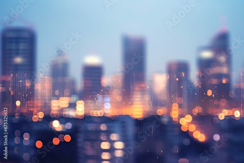 Luminous cityscape. Urban lights in blurred night skyline. Abstract modern city light. Bokeh effect landscape. Downtown blur. Illuminated skyline in . Glowing in motion