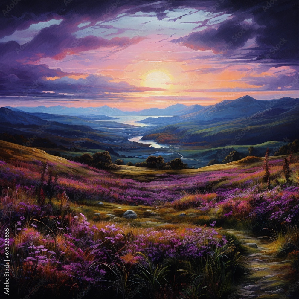 A highland vista at dusk, the heathers and grasses painting a tapestry of purples and greens as the last light fades.