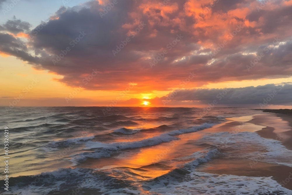 Sea over with the clouds golden sunrise or sunset. ai generative