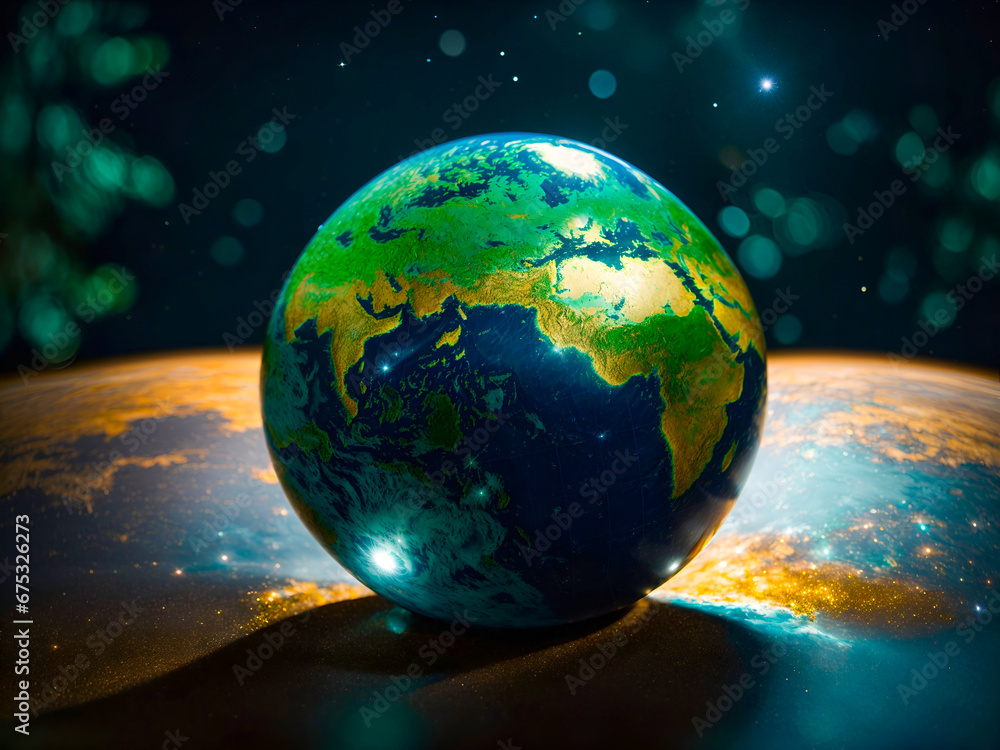 a globe in dark creative space, characterized by sparkling stars a globe in dark creative space, characterized by sparkling stars