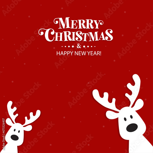 Cute Christmas reindeer on a red background. Christmas background, banner, or card.