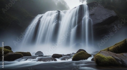 A dynamic shot of a powerful waterfall shrouded in mist, captured from a low angle, emphasizing the force and energy of the flowing water, AI generated, background image