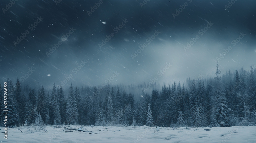 A field with Fir trees during a snowstorm