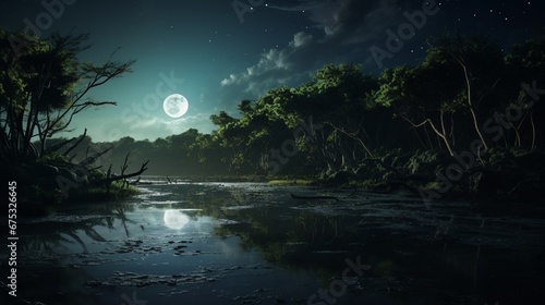 A moonlit lagoon surrounded by mangroves, the water perfectly still and reflecting the moon and st © Ai Studio