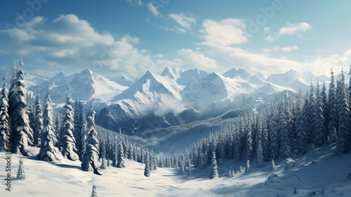 A mountainous plain full of snow