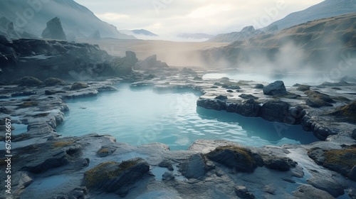 A mysterious  steamy geothermal pool nestled within a rocky terrain  the steam rising languidly into the cool air.  --