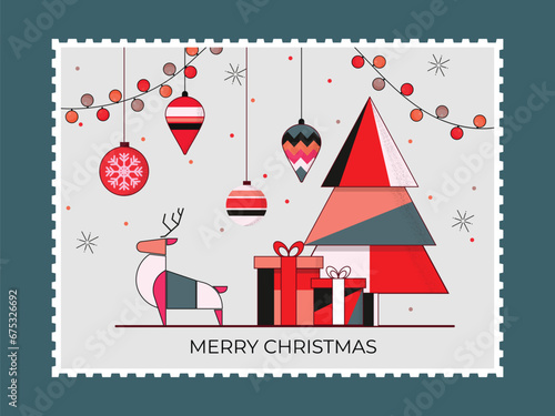 Merry Christmas Greeting Card with Colorful Xmas Tree, Gift Boxes, Reindeer, Hanging Baubles and Lighting Garland on White and Teal Background.