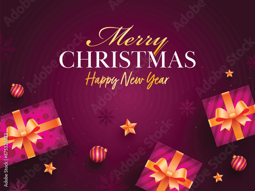 Merry Christmas &amp; Happy New Year Poster Design with Top View of Realistic Gift Boxes, Baubles and Golden Stars Decorated on Magenta Snowflakes Background.