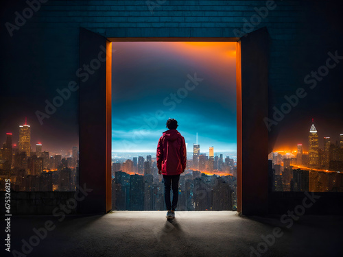 A person stands at the entrance of a large  dark gap in a wall that opens to a bright cityscape