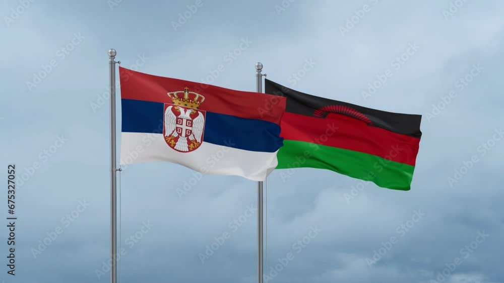 Malawi flag and Serbia flag waving together on cloudy sky, endless seamless loop, two country relations concept Malawi flag and Serbia flag waving together on cloudy sky, endless seamless loop, two country relations concept