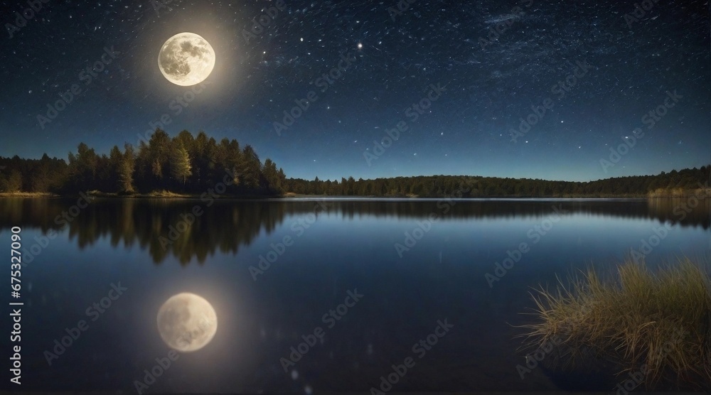 A wide-angle shot of a starry night sky over a tranquil lakeshore, with the reflection of the stars and moon shimmering on the water's surface, AI generated, background image A wide-angle shot of a starry night sky over a tranquil lakeshore, with the reflection of the stars and moon shimmering on the water's surface, AI generated, background image