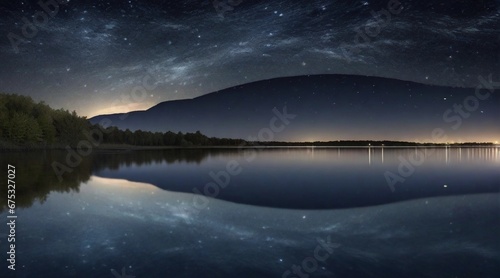A wide-angle shot of a starry night sky over a tranquil lakeshore, with the reflection of the stars and moon shimmering on the water's surface, AI generated, background image