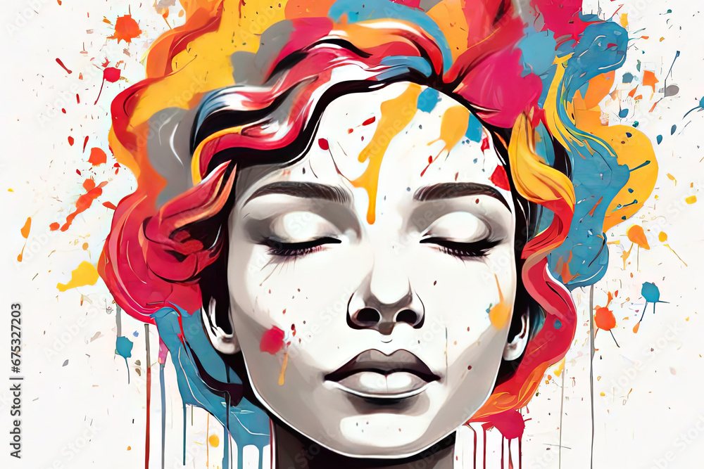 joyful womans head in paint splatter style Mental health mindfulness and self care concept joyful womans head in paint splatter style Mental health mindfulness and self care concept