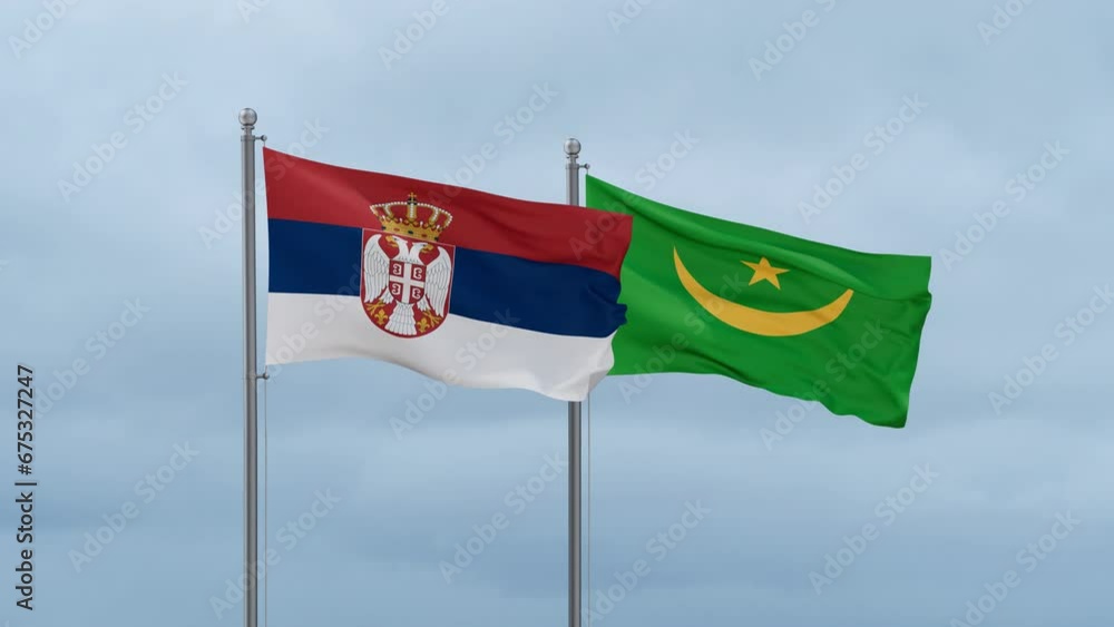 Mauritania flag and Serbia flag waving together on cloudy sky, endless seamless loop, two country relations concept Mauritania flag and Serbia flag waving together on cloudy sky, endless seamless loop, two country relations concept