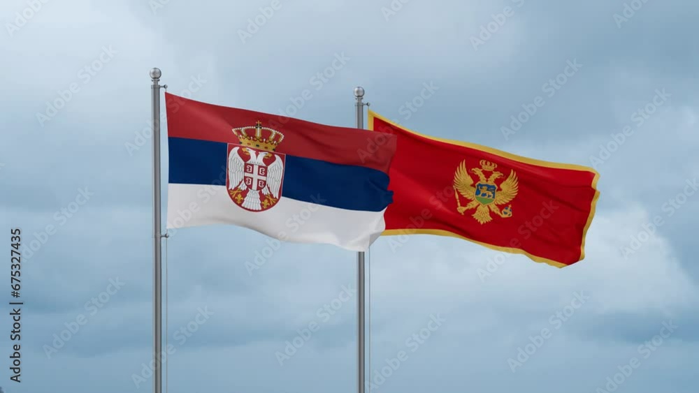 Montenegro and Serbia flag waving together on cloudy sky, endless seamless loop, two country cooperation concept Montenegro and Serbia flag waving together on cloudy sky, endless seamless loop, two country cooperation concept