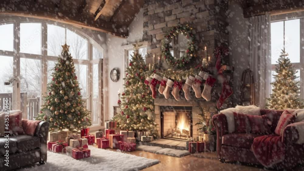 Christmas living room with fireplace and large windows - Snow for Christmas Christmas living room with fireplace and large windows - Snow for Christmas