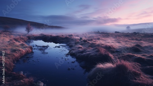 A silent, fog-covered moor just before dawn, the landscape waiting expectantly for the first light of day. --