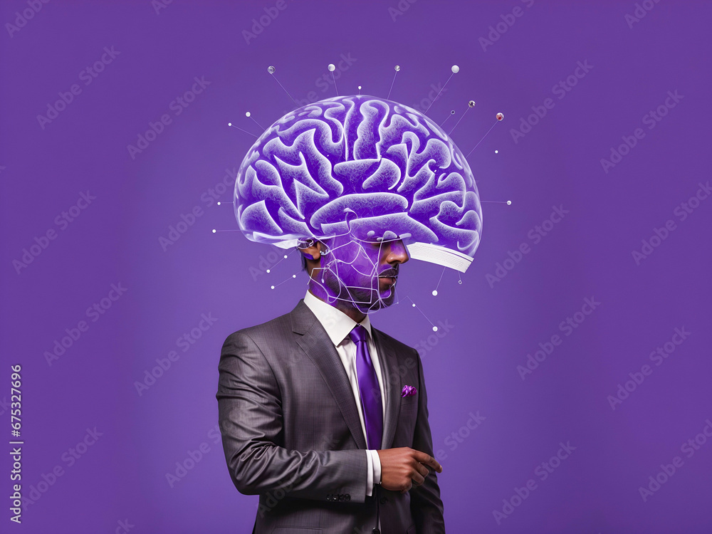 a creative image depicting a man in a suit with his head replaced by a sketched brain diagram - obrazy, fototapety, plakaty 