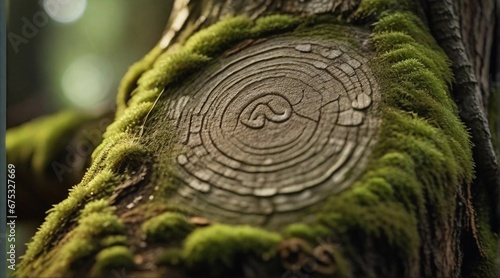 A close-up of a moss-covered tree trunk with hidden, miniature woodland creatures and magical symbols etched into the bark, AI generated, background image