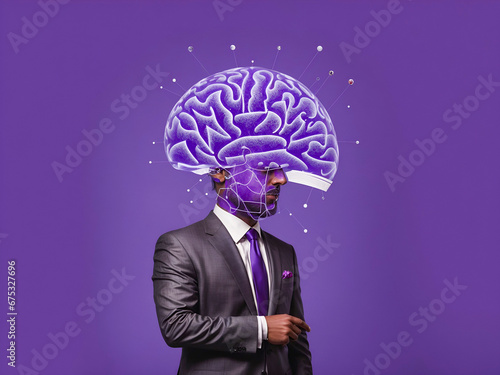 a creative image depicting a man in a suit with his head replaced by a sketched brain diagram photo