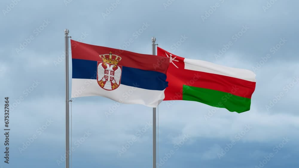 Oman and Serbia flag waving together on cloudy sky, endless seamless loop, two country cooperation concept Oman and Serbia flag waving together on cloudy sky, endless seamless loop, two country cooperation concept