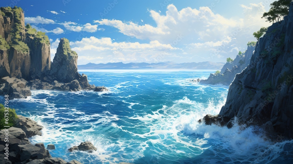 A sun-soaked cliff overlooking a vast, turquoise sea, the waves gently crashing below.  --