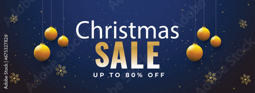 Blue header or banner design decorated with hanging baubles and 80% discount offer for Christmas Sale.
