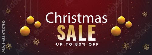 Red header or banner design decorated with hanging baubles and 80% discount offer for Christmas Sale.