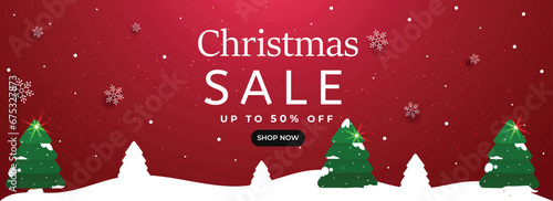 Christmas Sale header or banner design with 50% discount offer on winter landscape background.