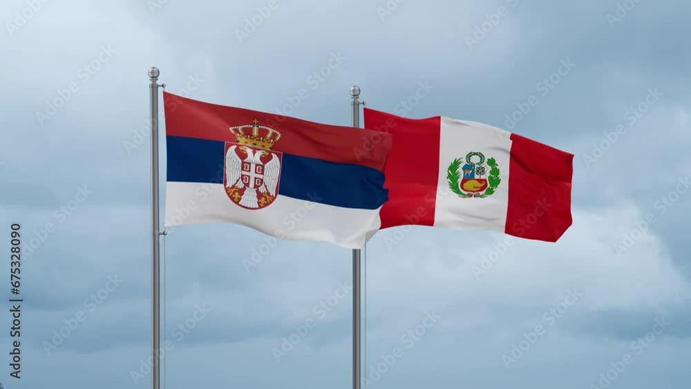 Peru and Serbia flag waving together on cloudy sky, endless seamless loop, two country cooperation concept Peru and Serbia flag waving together on cloudy sky, endless seamless loop, two country cooperation concept