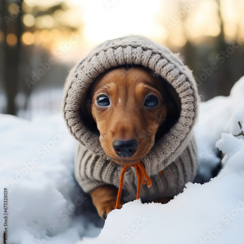 Cute adorable portrait of dog puppies, winter time. Good natured look at the camera