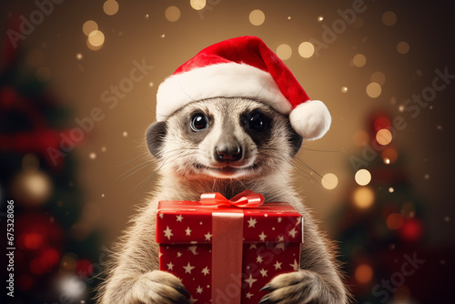 Cute meerkat in red christmas hat holding a red gift box photo