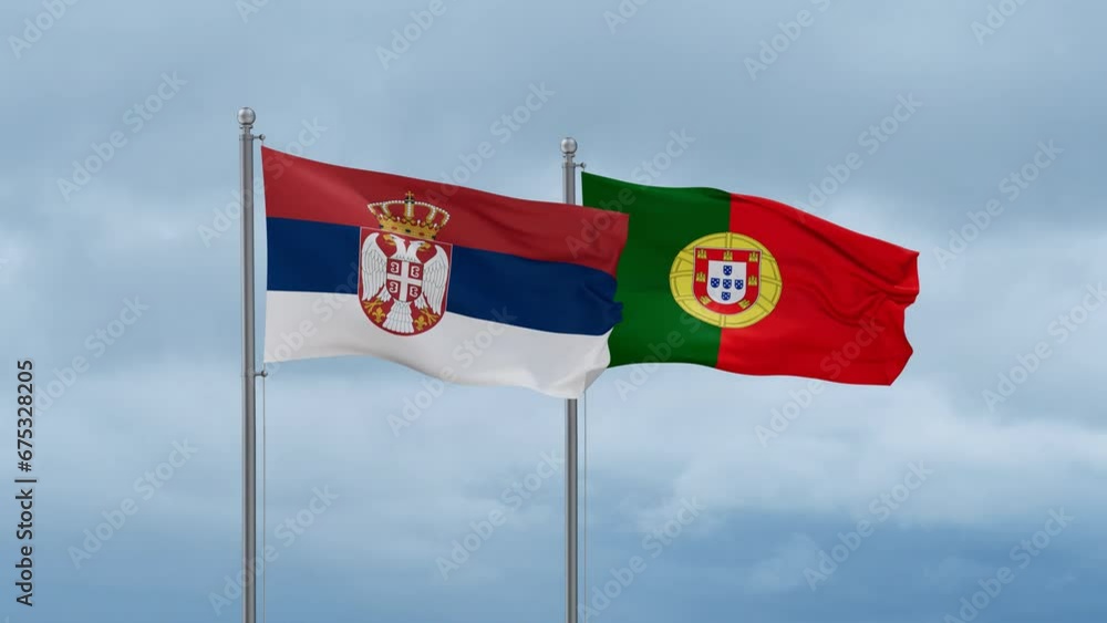 Portugal and Serbia flag waving together on cloudy sky, endless seamless loop, two country cooperation concept Portugal and Serbia flag waving together on cloudy sky, endless seamless loop, two country cooperation concept