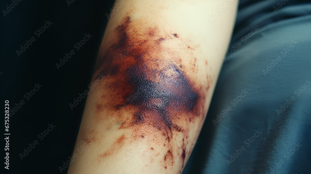 of a huge bruise in the skin of a woman arm - obrazy, fototapety, plakaty 