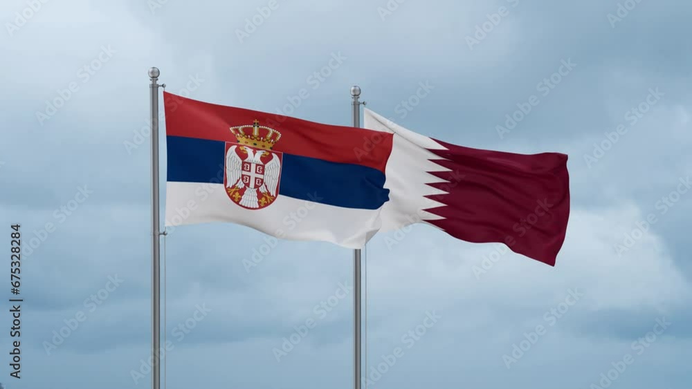 Qatar and Serbia flag waving together on cloudy sky, endless seamless loop, two country cooperation concept Qatar and Serbia flag waving together on cloudy sky, endless seamless loop, two country cooperation concept