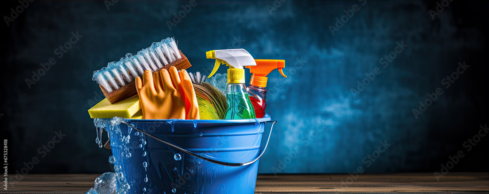 Cleaning product in bleu bucket wide banner. panorama photo. chemicals and facilities for tidying, copy space for text. - obrazy, fototapety, plakaty 