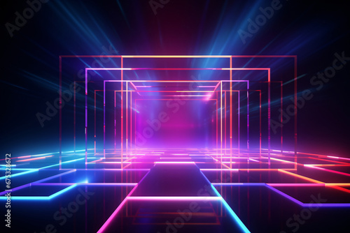 Abstract neon light geometric background. Glowing neon lines. Empty futuristic stage laser. Colorful rectangular laser lines. Square tunnel. Night club empty room. Laser show design. photo